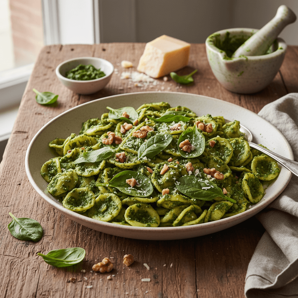 Pasta with Homemade Spinach and Walnut Pesto