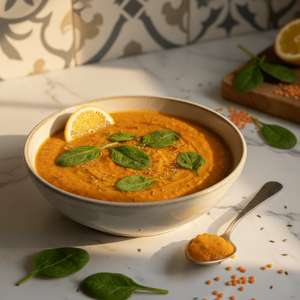 Soupe de lentilles corail au cumin et épinards