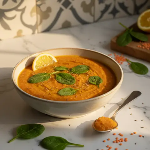 Soupe de lentilles corail au cumin et épinards