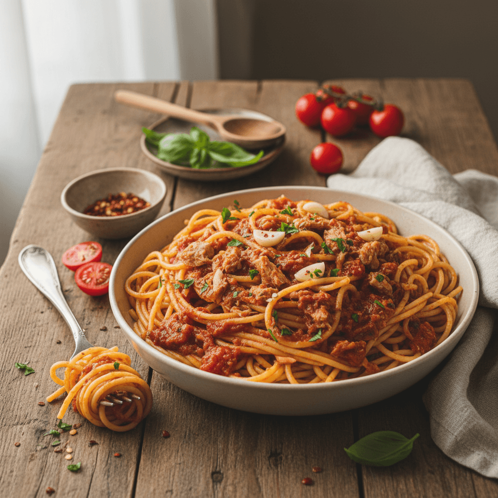 Spaghetti mit Thunfisch- und Tomatensauce