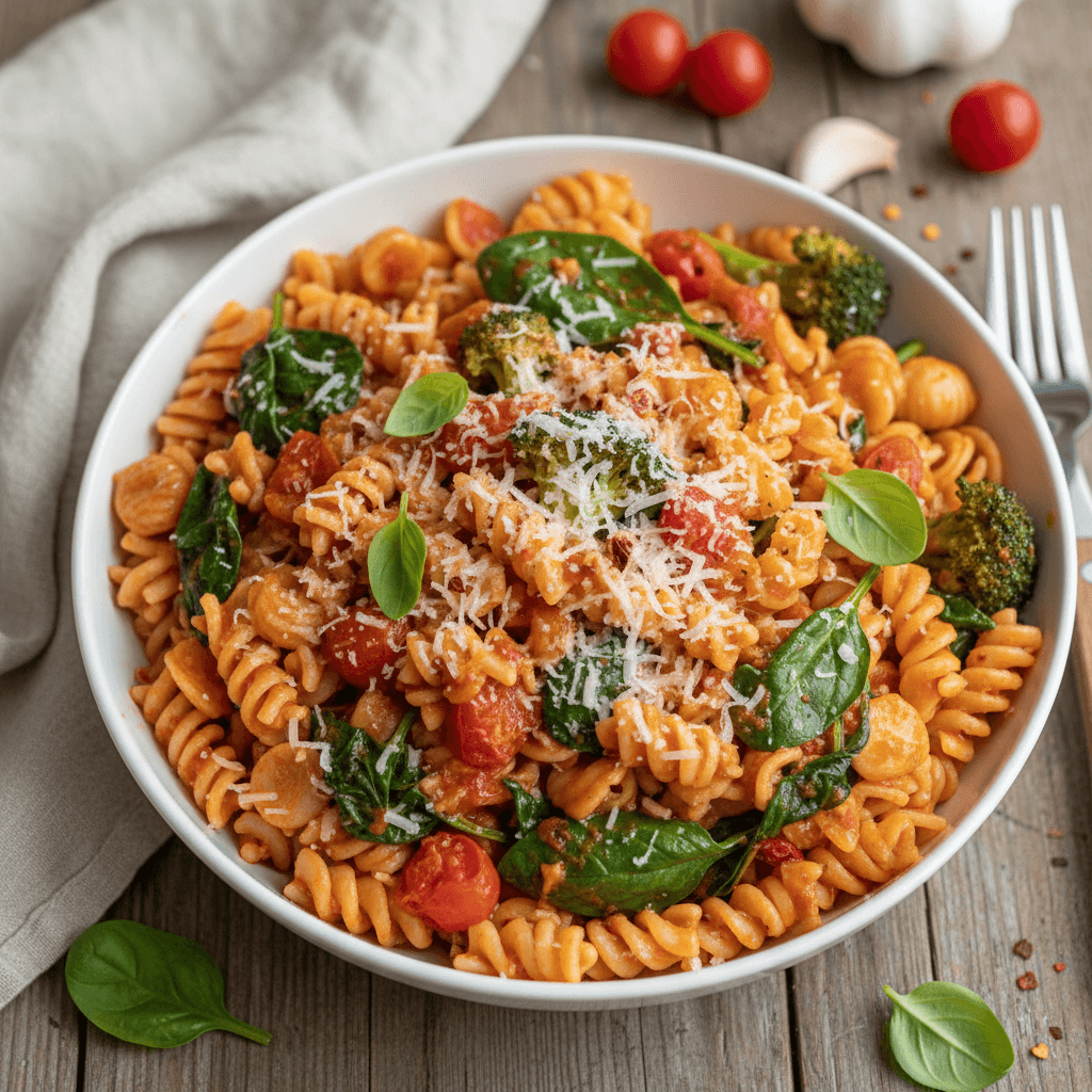 Nudeln mit Spinat und Brokkoli in Tomaten-Parmesan-Sauce