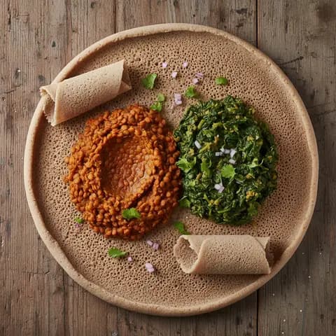 Injera aux Lentilles Rouges et Épinards