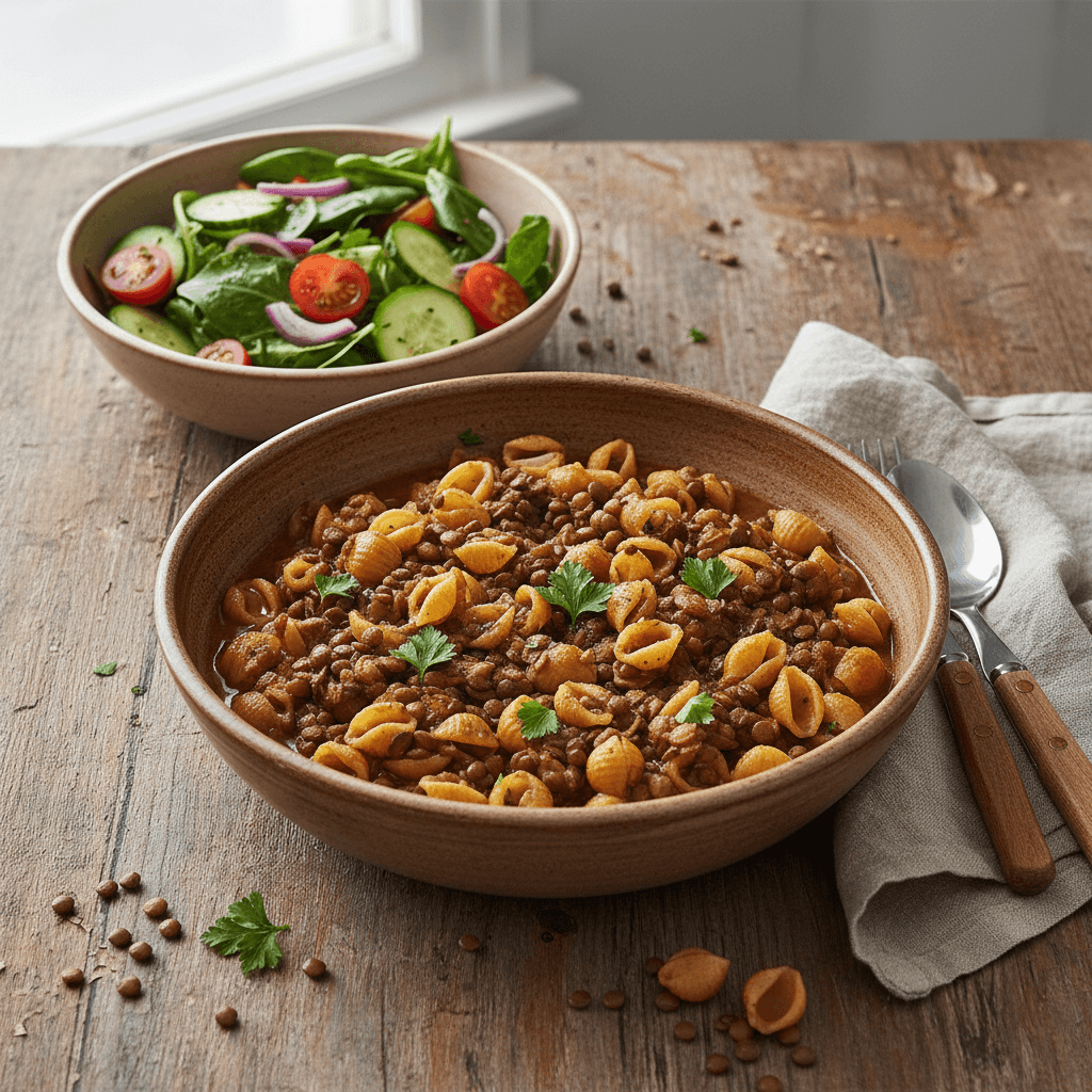 Pâtes aux Lentilles et Salade