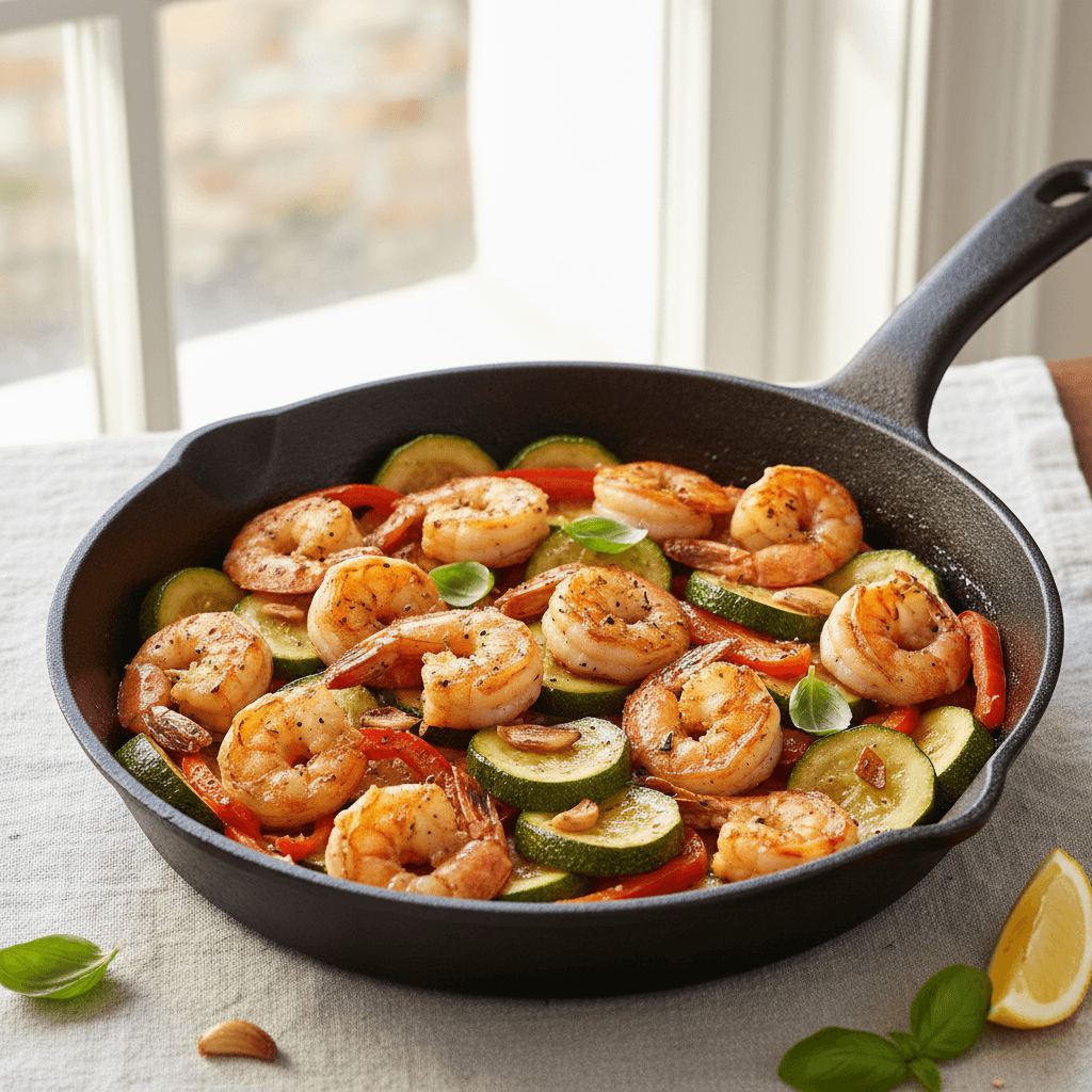 Poêlée de crevettes à l'ail et courgettes fondantes