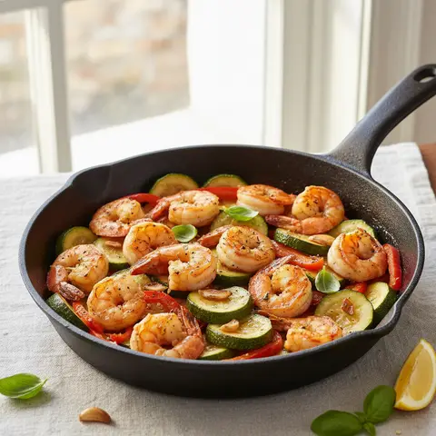 Poêlée de crevettes à l'ail et courgettes fondantes