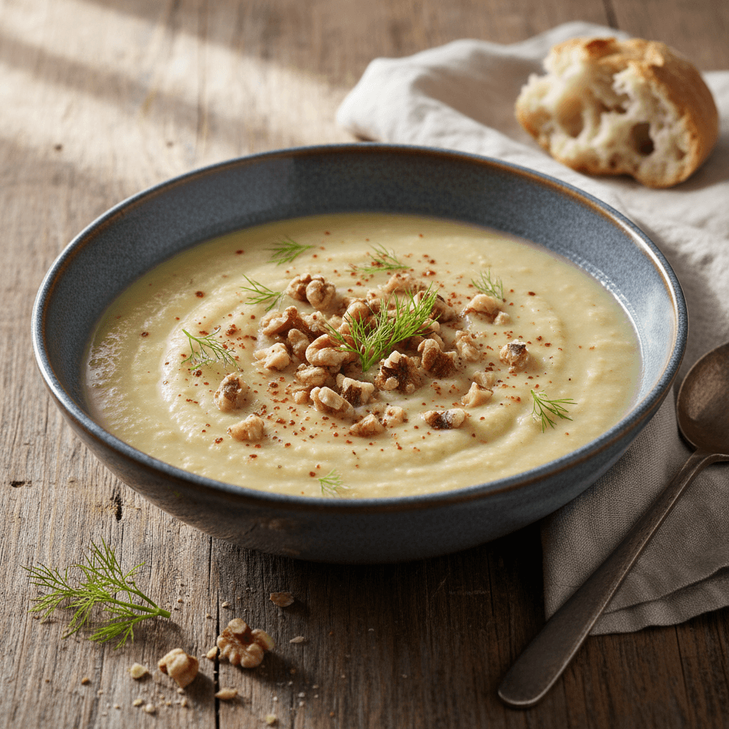 Creamy Cauliflower and Fennel Soup with Oats and Walnuts