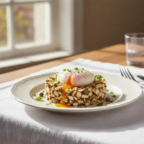 Tartare de champignons à la moutarde et œuf poché
