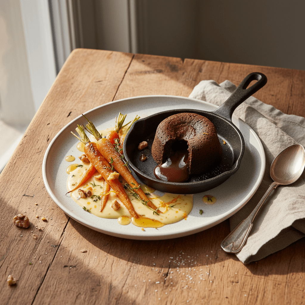 Dark Chocolate Lava Cake with Roasted Carrots and Orange-Butter Emulsion