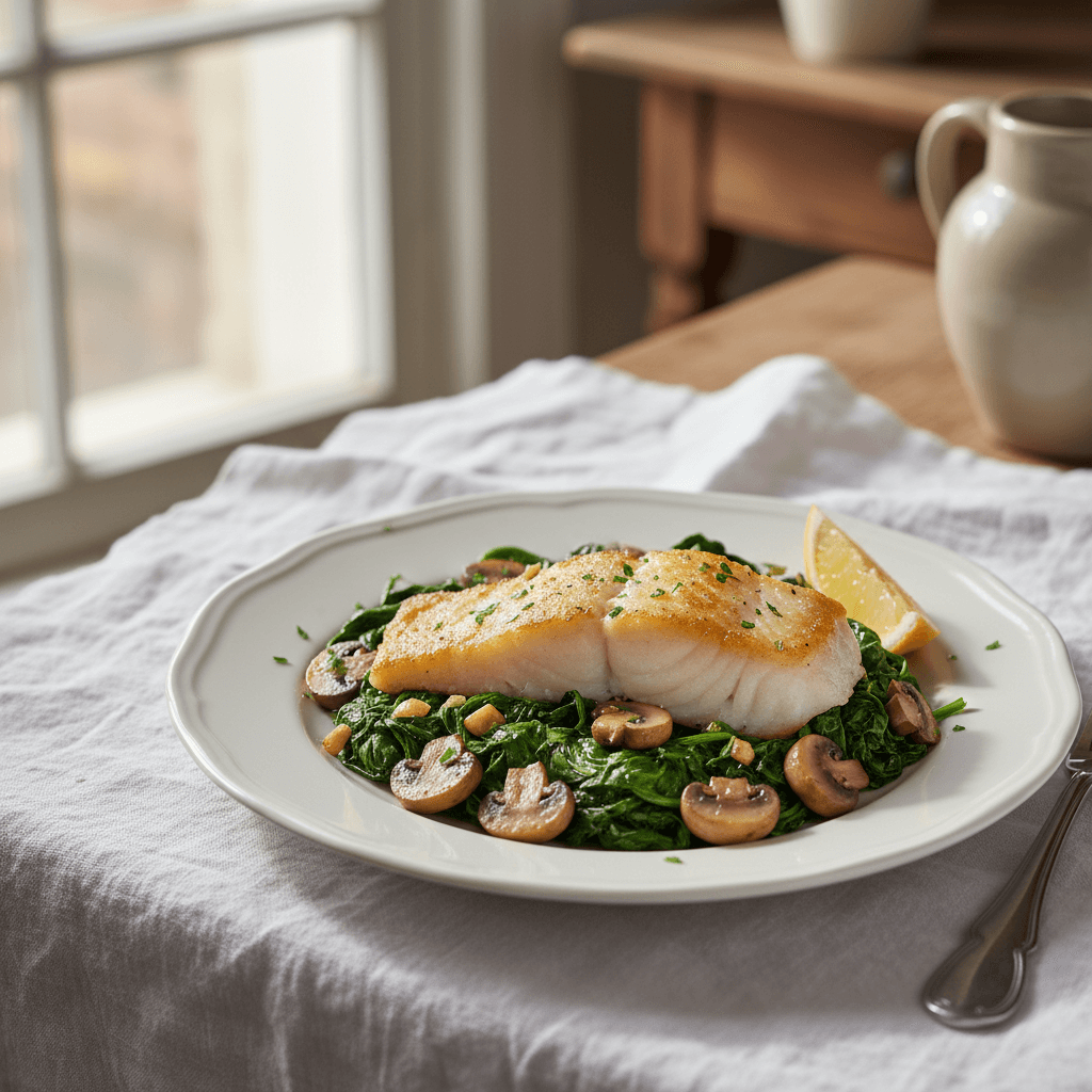 Poêlée de cabillaud aux épinards et champignons