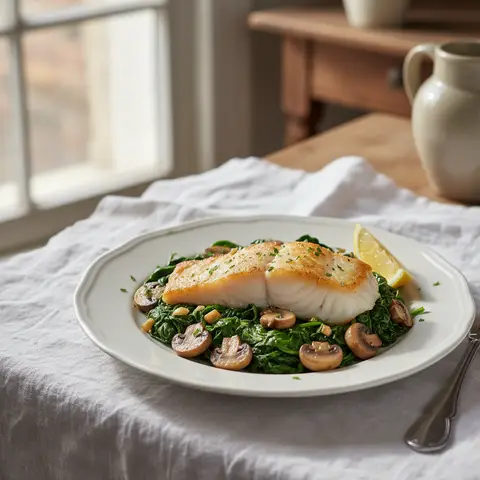 Poêlée de cabillaud aux épinards et champignons
