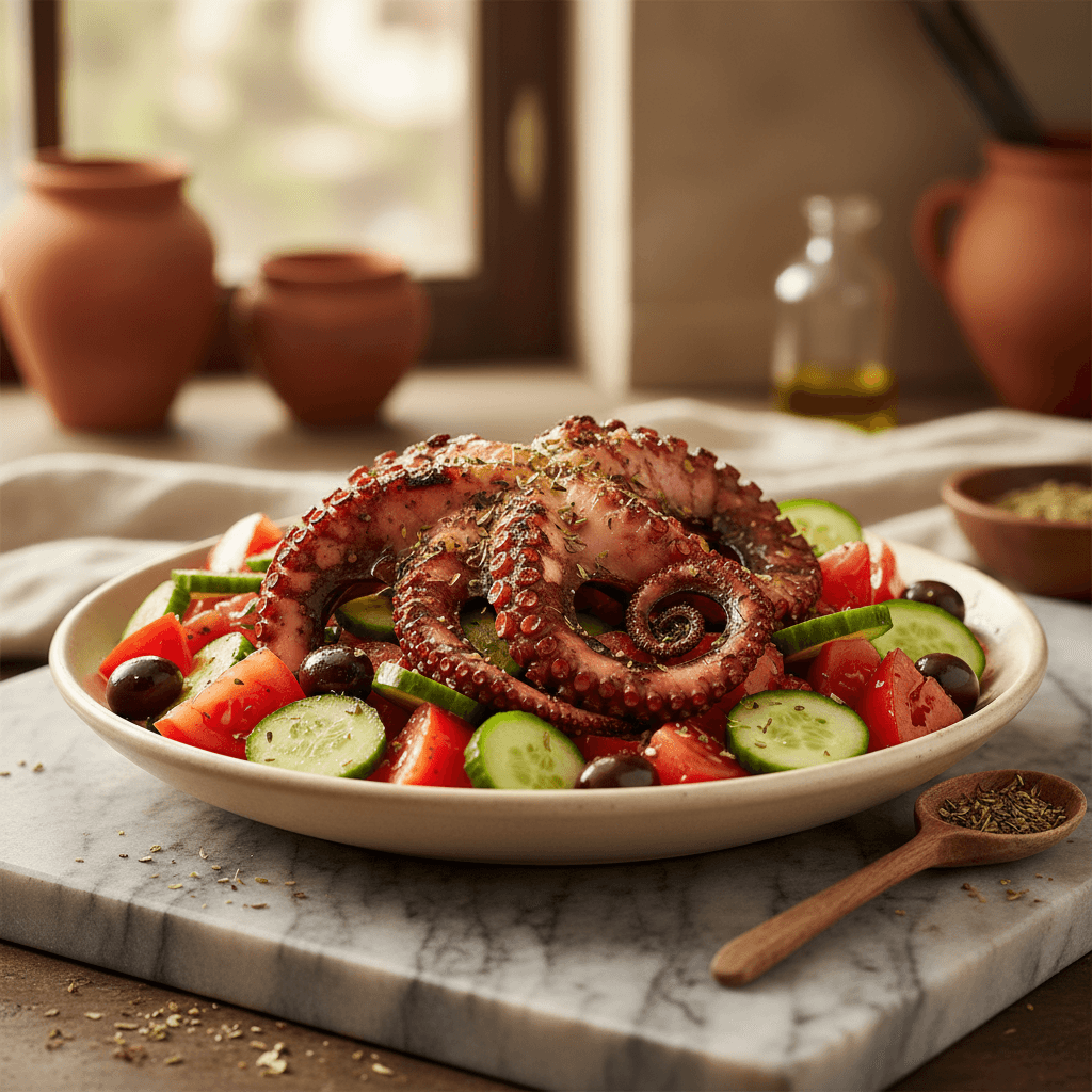 Bowl grec de poulpe grillé aux légumes méditerranéens