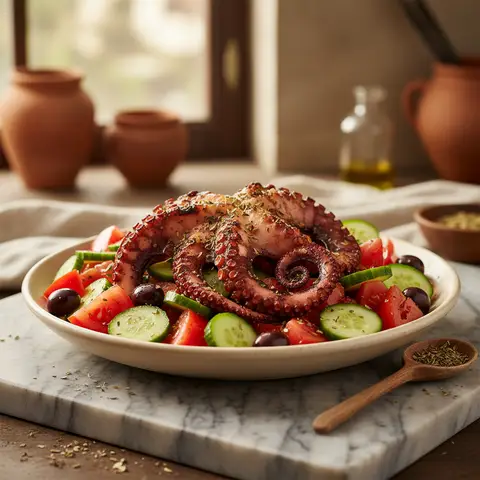 Bowl grec de poulpe grillé aux légumes méditerranéens