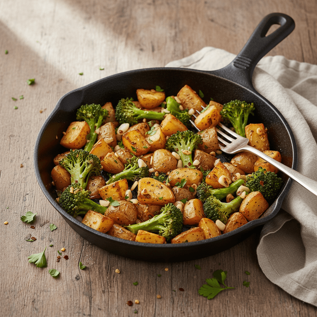 Kartoffel- und Brokkoli-Pfanne mit Knoblauch