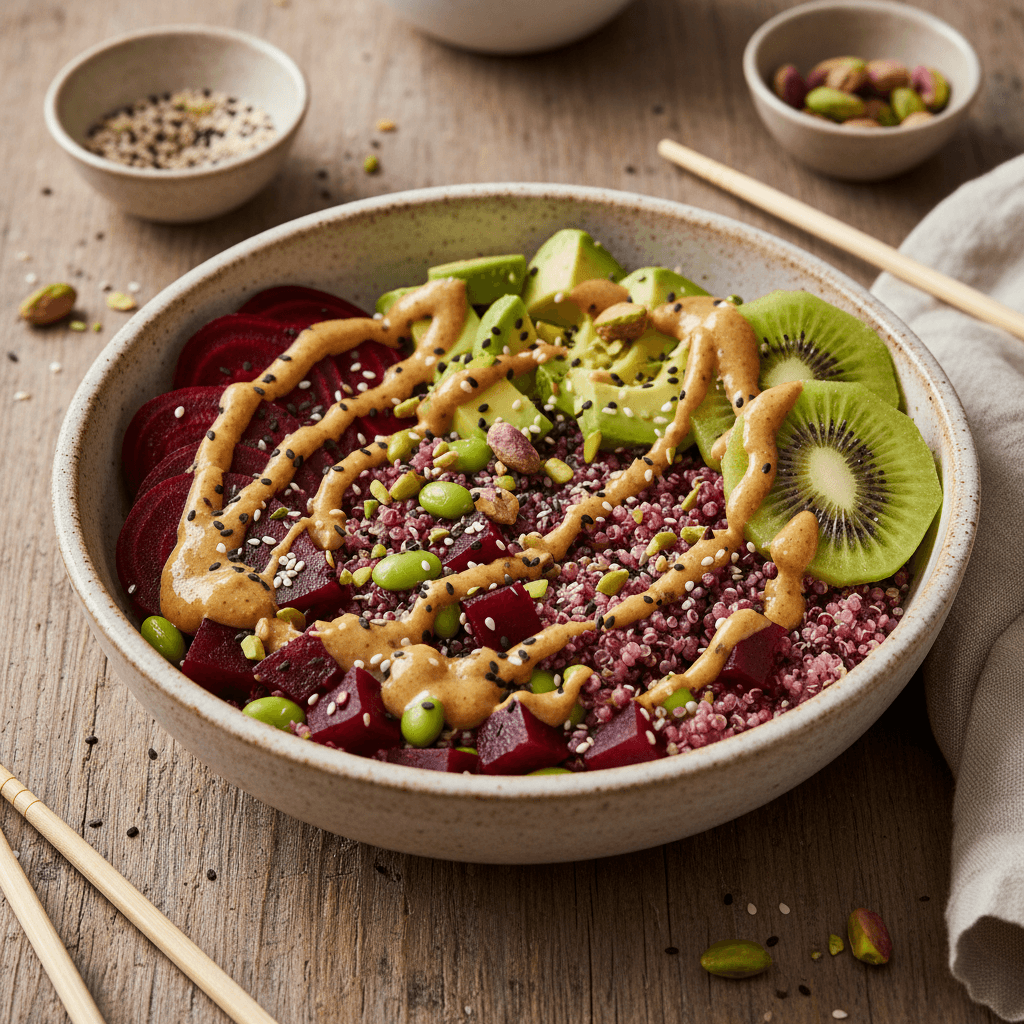 Asian Poke Bowl with Beet, Edamame and Sesame-Mustard Sauce