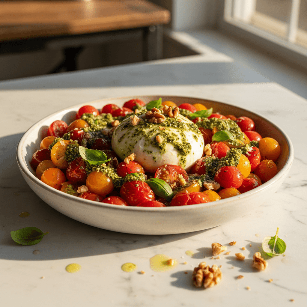 Salade de tomates cerises, burrata et pesto de noix