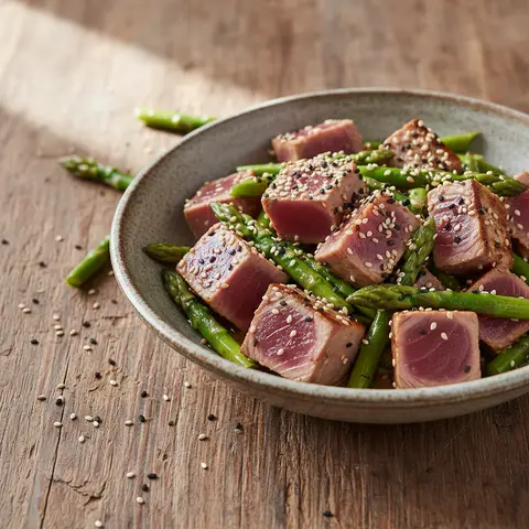 Wok de thon mi-cuit aux asperges et sésame