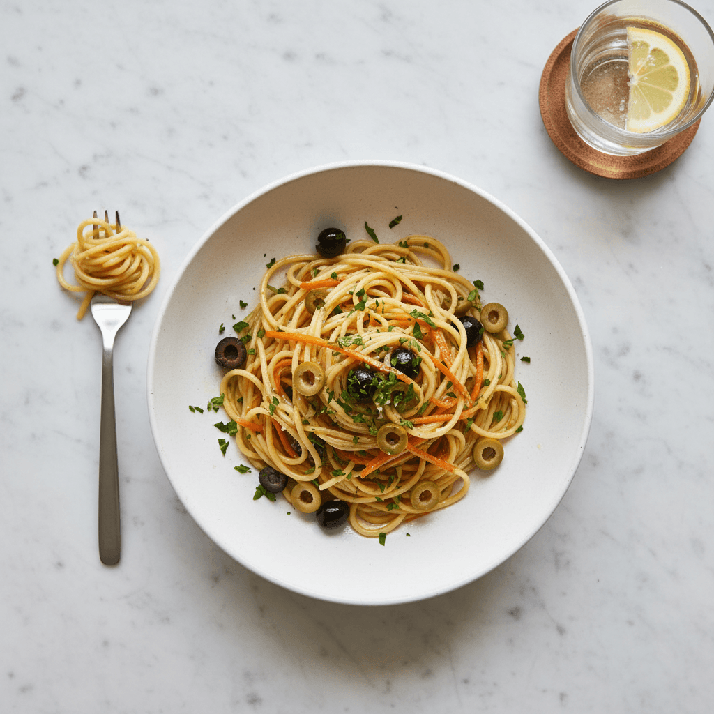 Spaghettis aux Olives et Carottes