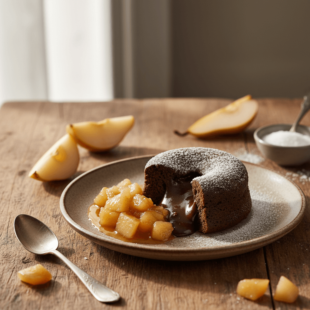 Molten Chocolate Cake with Pear Compote