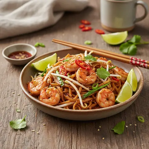 Nouilles Wok Thaïlandaises aux Crevettes et Germes de Soja