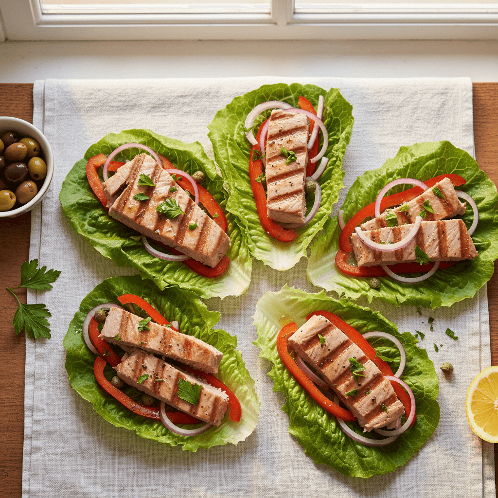 Wrap laitue au thon grillé, poivron et oignon rouge