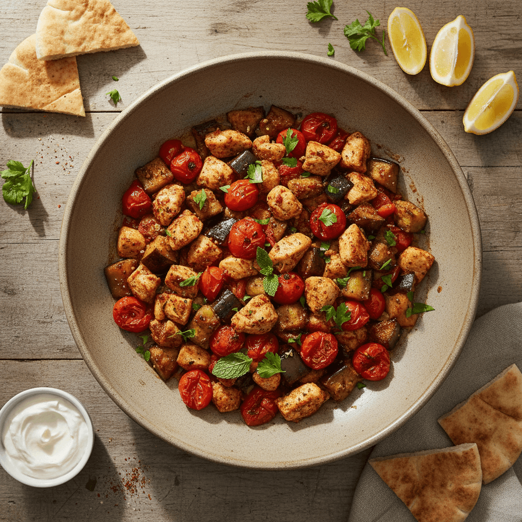 Poêlée de poulet à la libanaise, aubergine et tomates