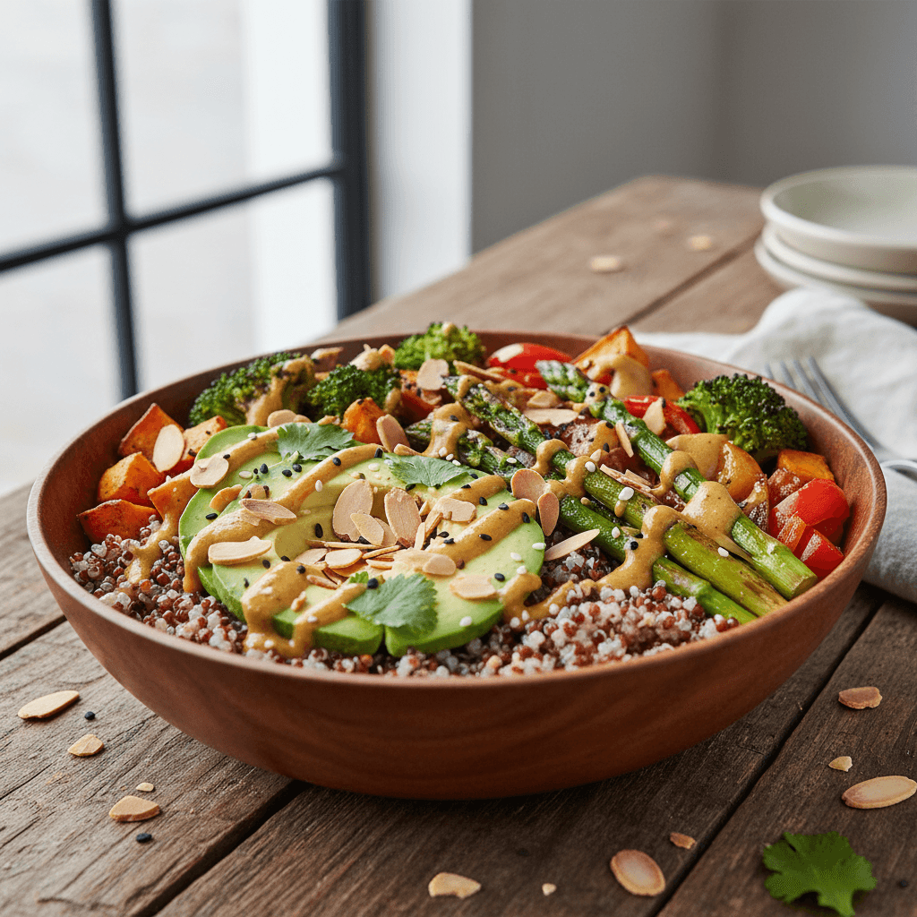 Asian Buddha Bowl: Quinoa, Avocado, and Roasted Vegetables with Almonds