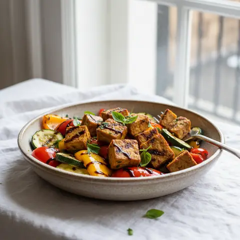 Salade de tempeh mariné aux légumes grillés