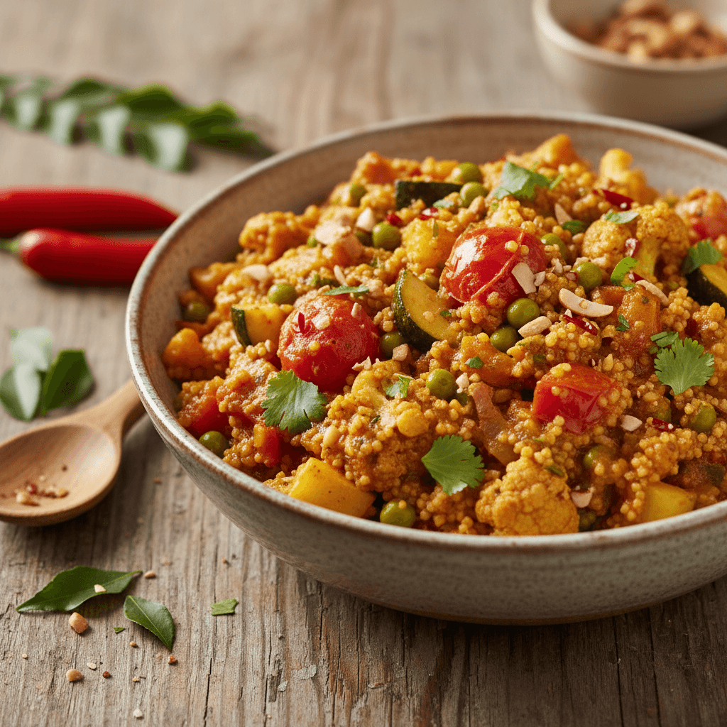 Vegetarisches Curry mit Grieß und Tomaten