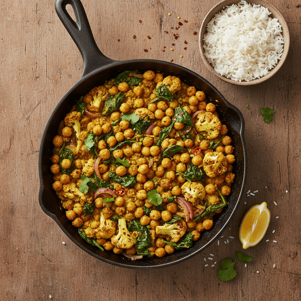 Poêlée de pois chiches croustillants aux épinards et curry