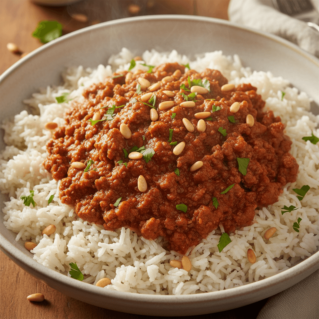 Agneau haché & tomate à la cannelle sur riz libanais
