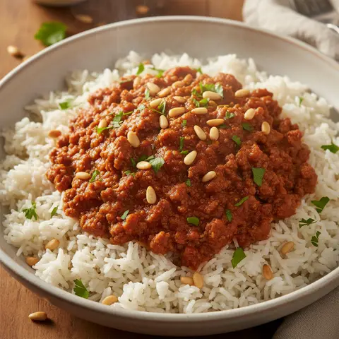 Agneau haché & tomate à la cannelle sur riz libanais