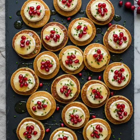 Blinis chèvre & grenade miel ciboulette apéro