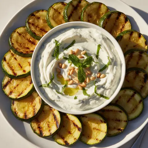 Chips courgette & tzatziki menthe aux pignons