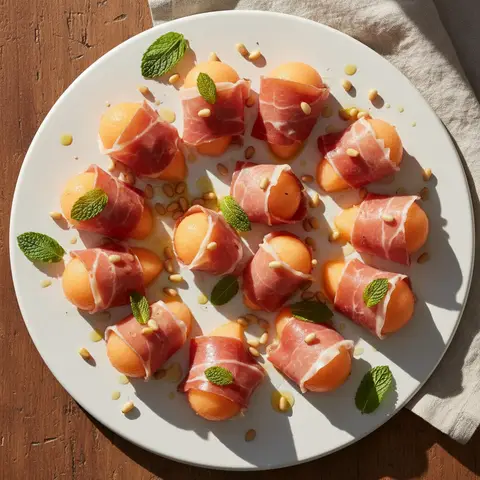 Bouchées melon & prosciutto menthe pignons