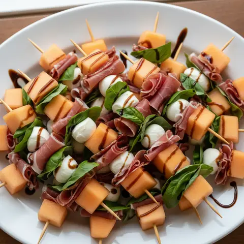 Piques melon & mozzarella jambon cru basilic