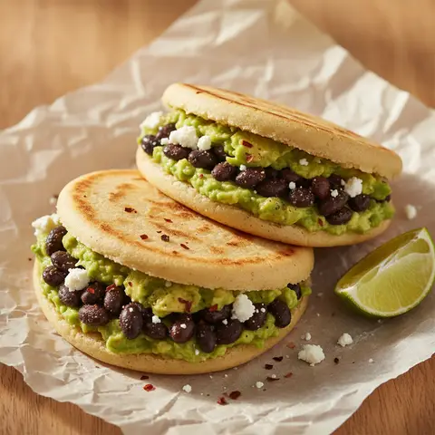 Arepas haricots noirs & avocat feta piment