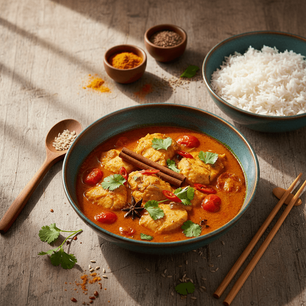 Fischcurry mit Tomaten und Reis