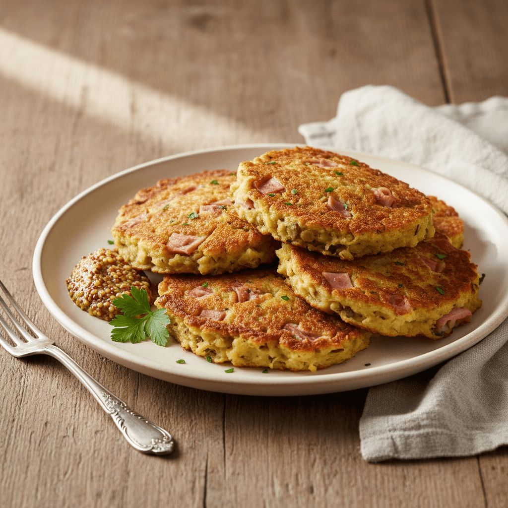 Linsenbratling mit Kartoffeln und Schinken