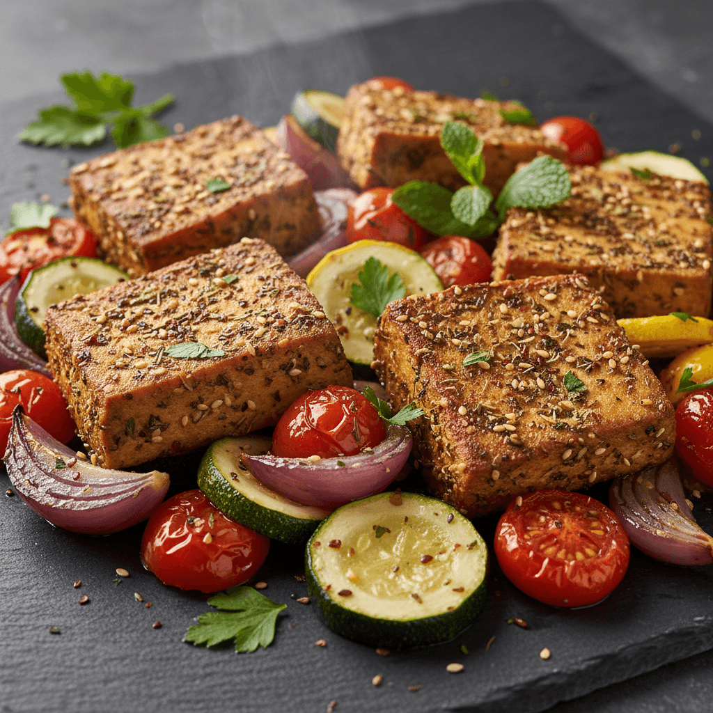 Tofu fumé rôti au za'atar et légumes méditerranéens