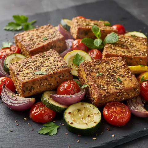 Tofu fumé rôti au za'atar et légumes méditerranéens