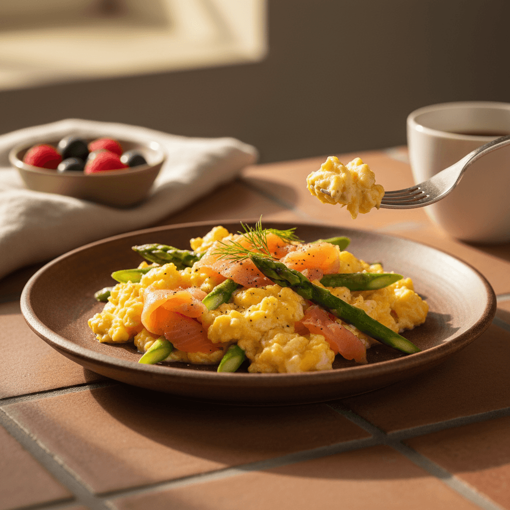 Œufs brouillés au saumon fumé et asperges