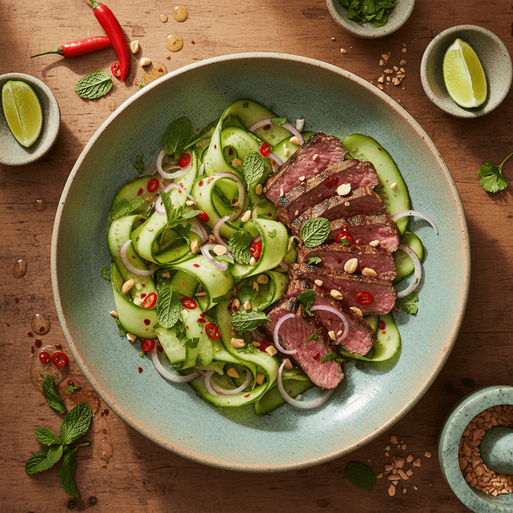 Salade thaïe de bœuf grillé au concombre et menthe