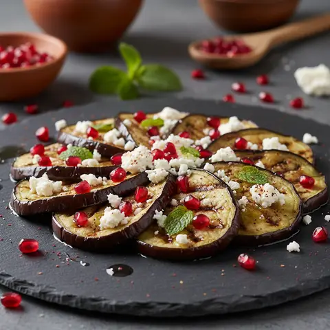 Carpaccio d'aubergine marinée à la feta et grenade