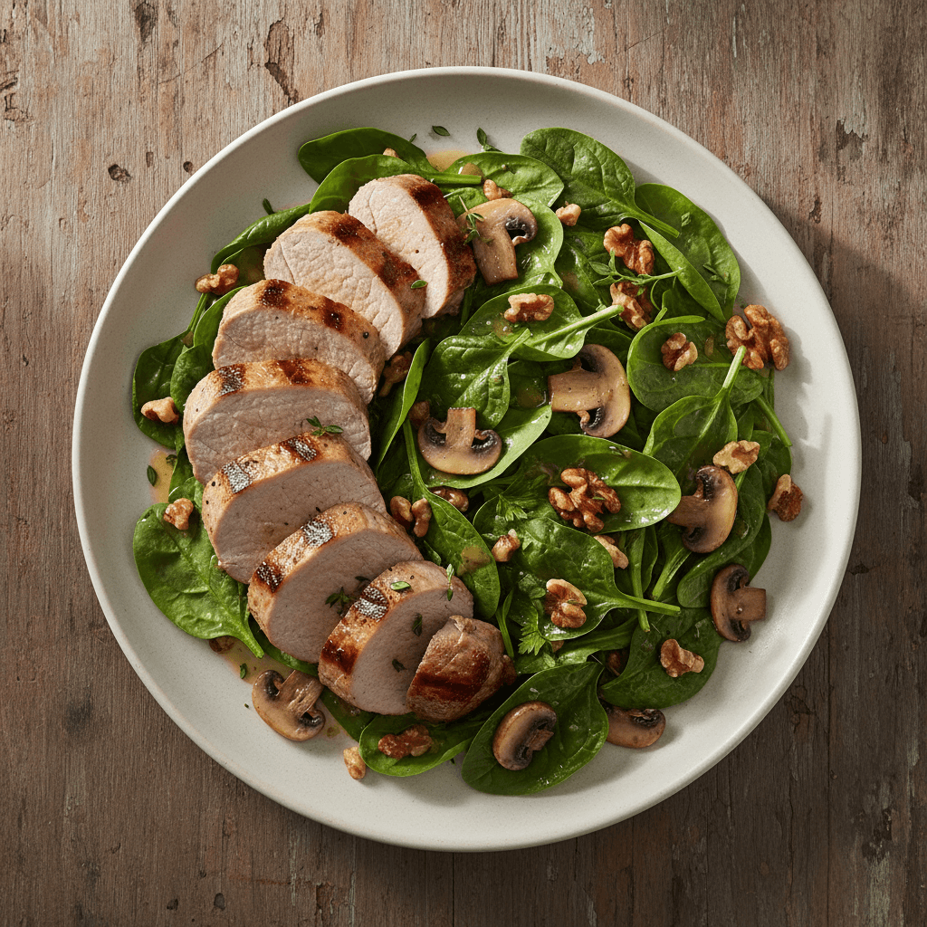 Filet de porc grille et salade tiede d'epinards