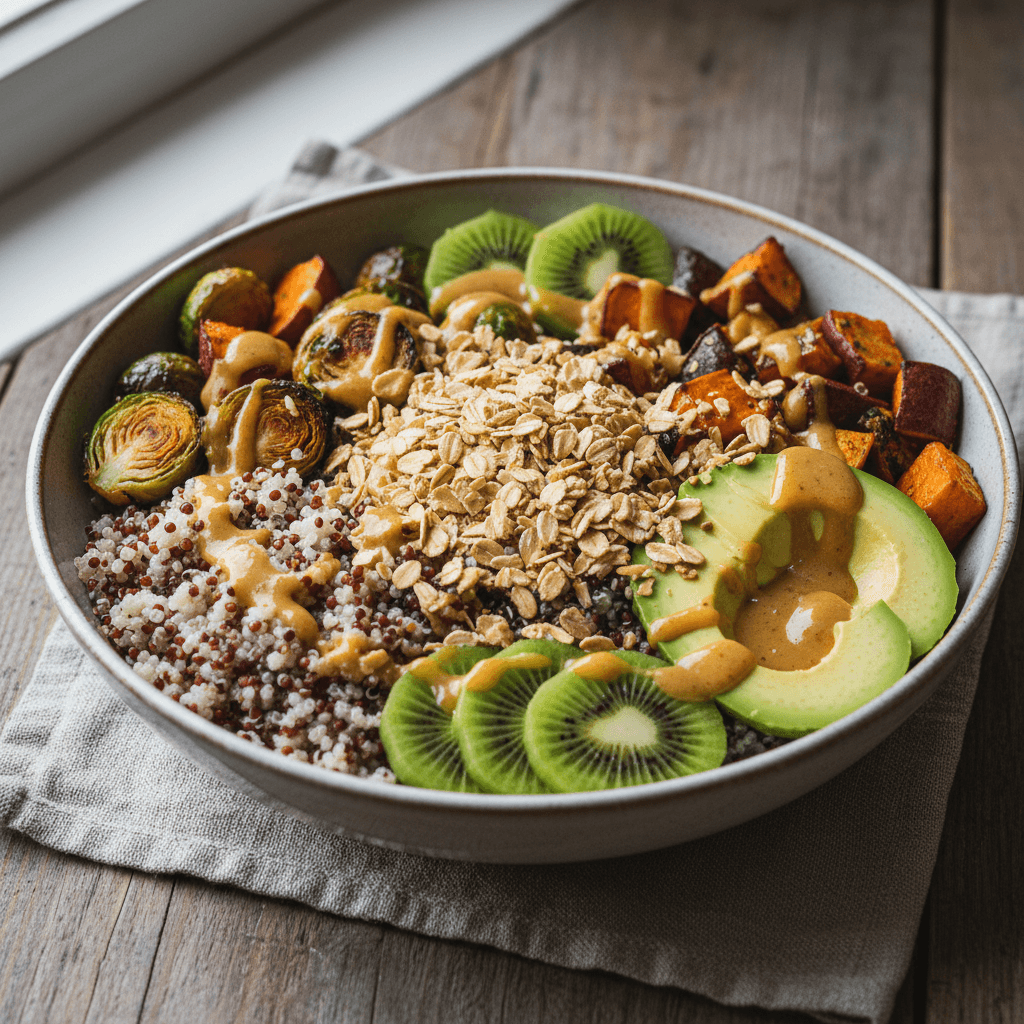 Fusion Buddha Bowl with Quinoa, Kiwis, Avocado, and Mustard-Honey Drizzle