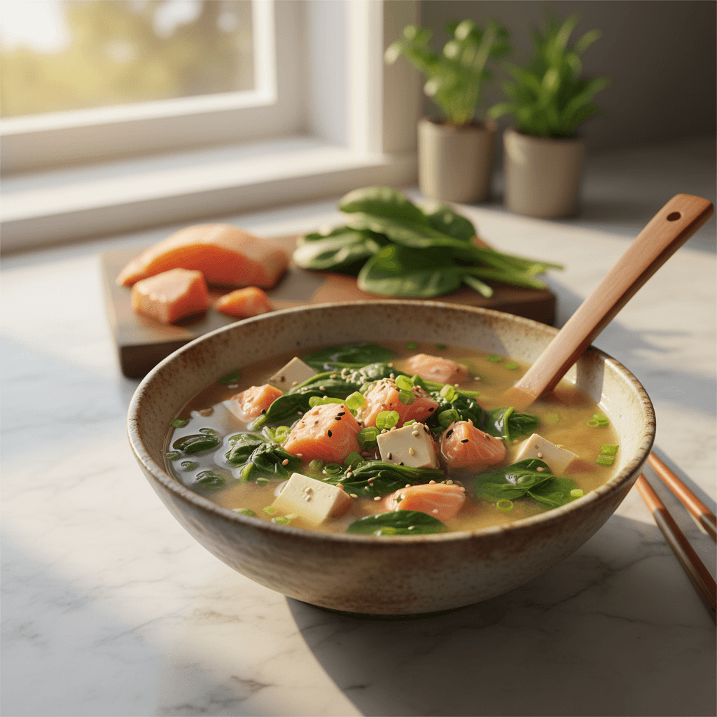Soupe miso au saumon et épinards