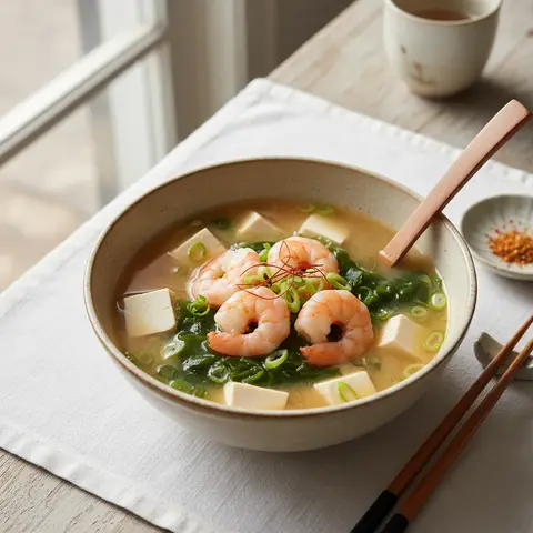 Soupe miso aux crevettes et wakamé