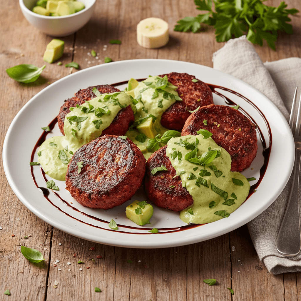 Rote-Bete- und Blumenkohl-Medaillons mit italienischer Avocado-Bananen-Sauce