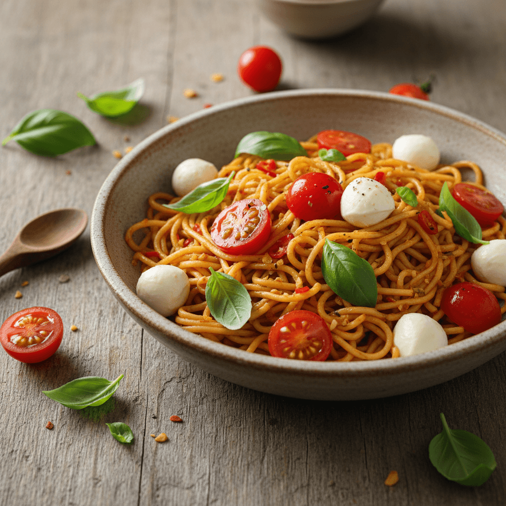 Stir-Fried Noodles with Tomato and Mozzarella