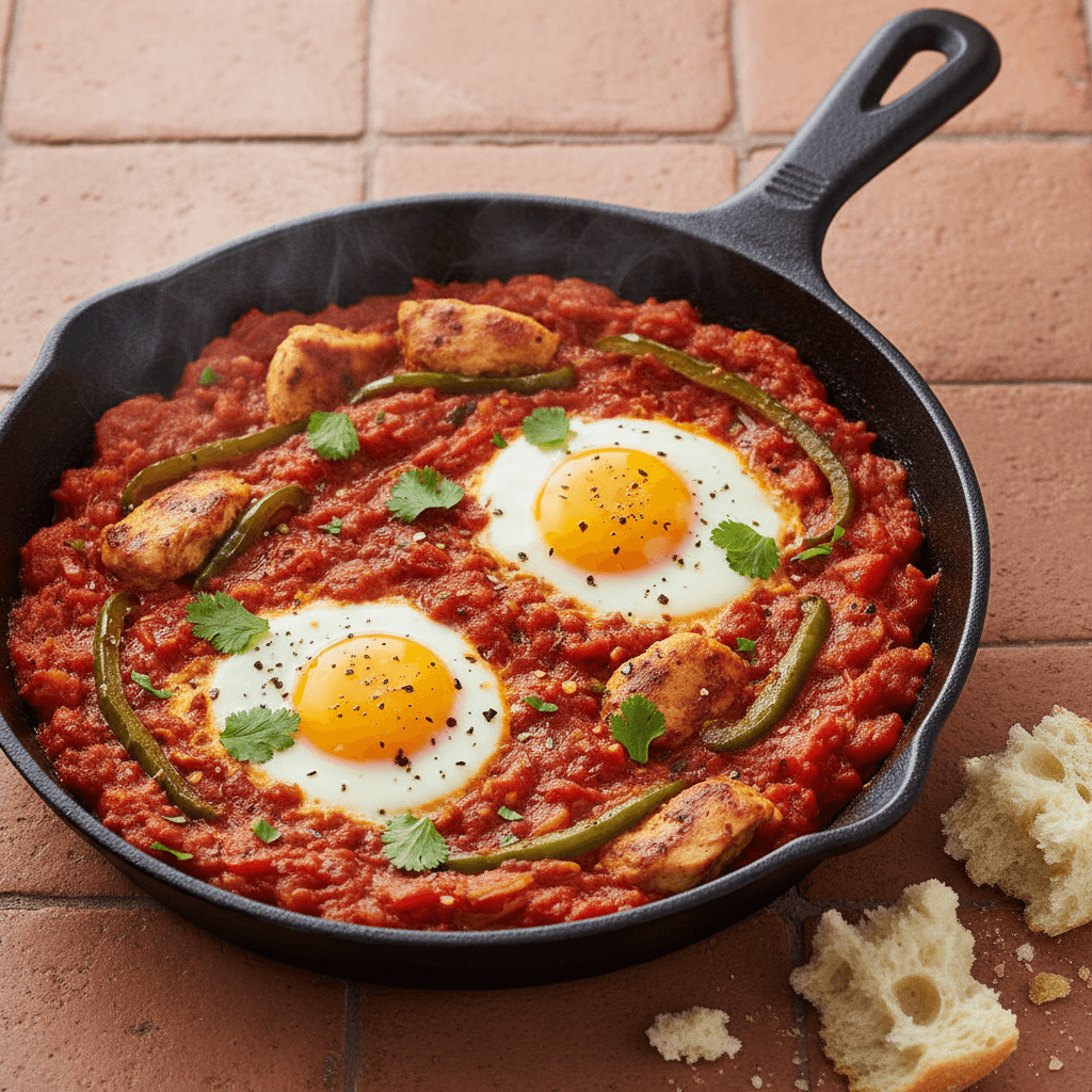 Shakshuka au poulet, tomates et poivrons verts